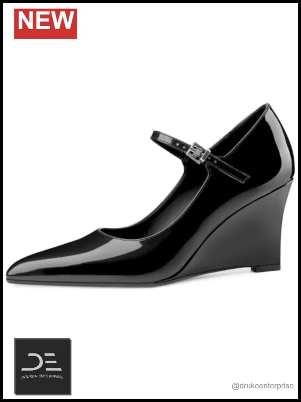 Women's Pointed Toe Mary Jane Wedge Heels Adjustable Ankle Strap Patent Leather